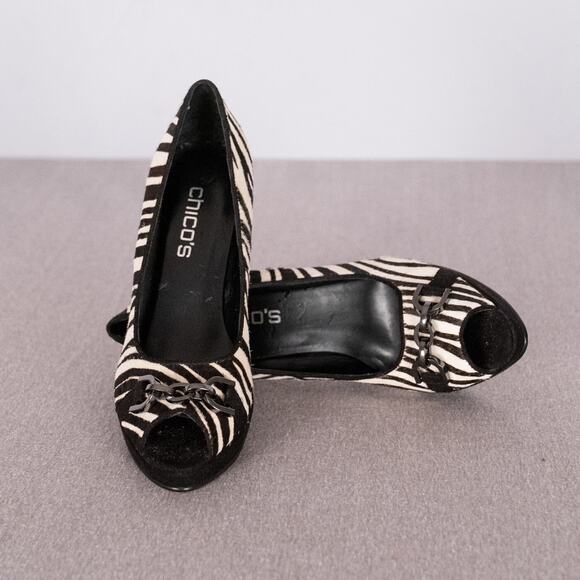 Chico's Zebra Print Open Toe High Heel Shoe 9M Calf Hair Gun Metal Chain Accent - Picture 5 of 10